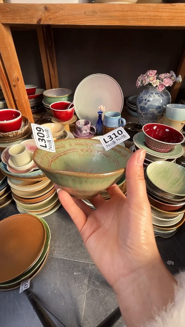 瓷片花**菜L310窑变绿手捏碗