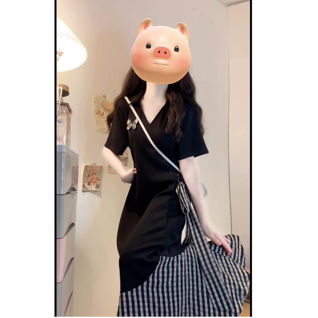 大码女装设计感夏季新款拼接格子时尚显瘦蝴蝶结连衣裙