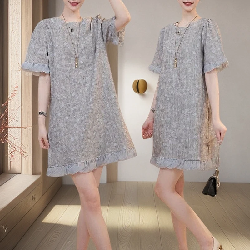 日常通勤设计感圆点泡泡袖连衣裙2025夏季新款休闲宽松圆领裙子女