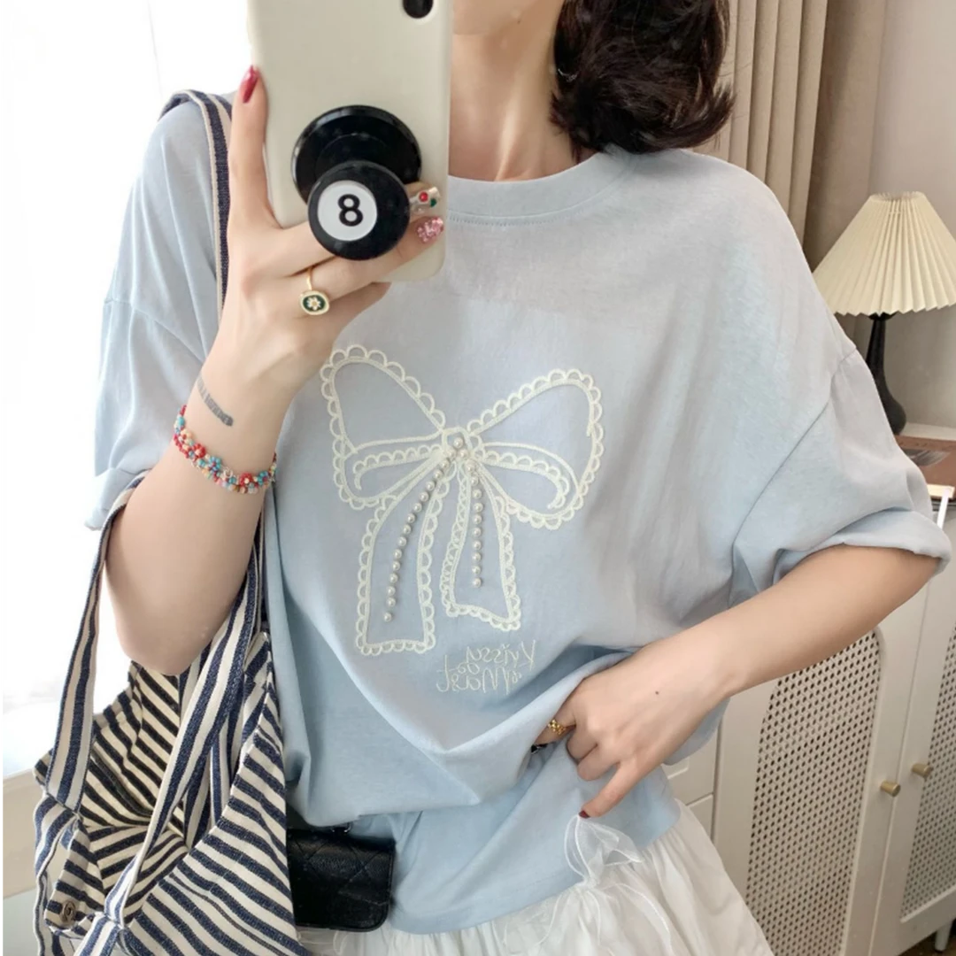 小雅姐姐  韩款甜美蝴蝶结钉珠设计感休闲短袖T恤IU80