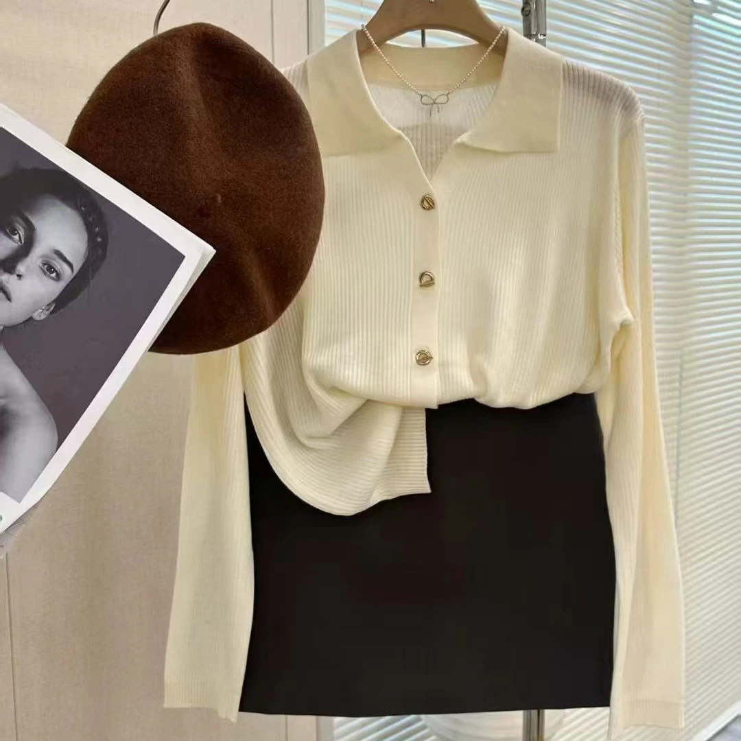 春秋季精纺羊毛开衫女气质Polo领金属扣针织衫宽松薄款上衣YM1836