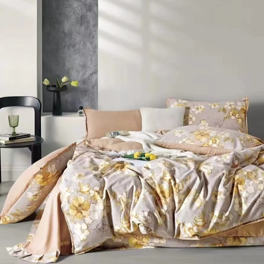 C7458 纯棉精纺棉生态磨毛标准双人四件套 花时-灰200*230加厚