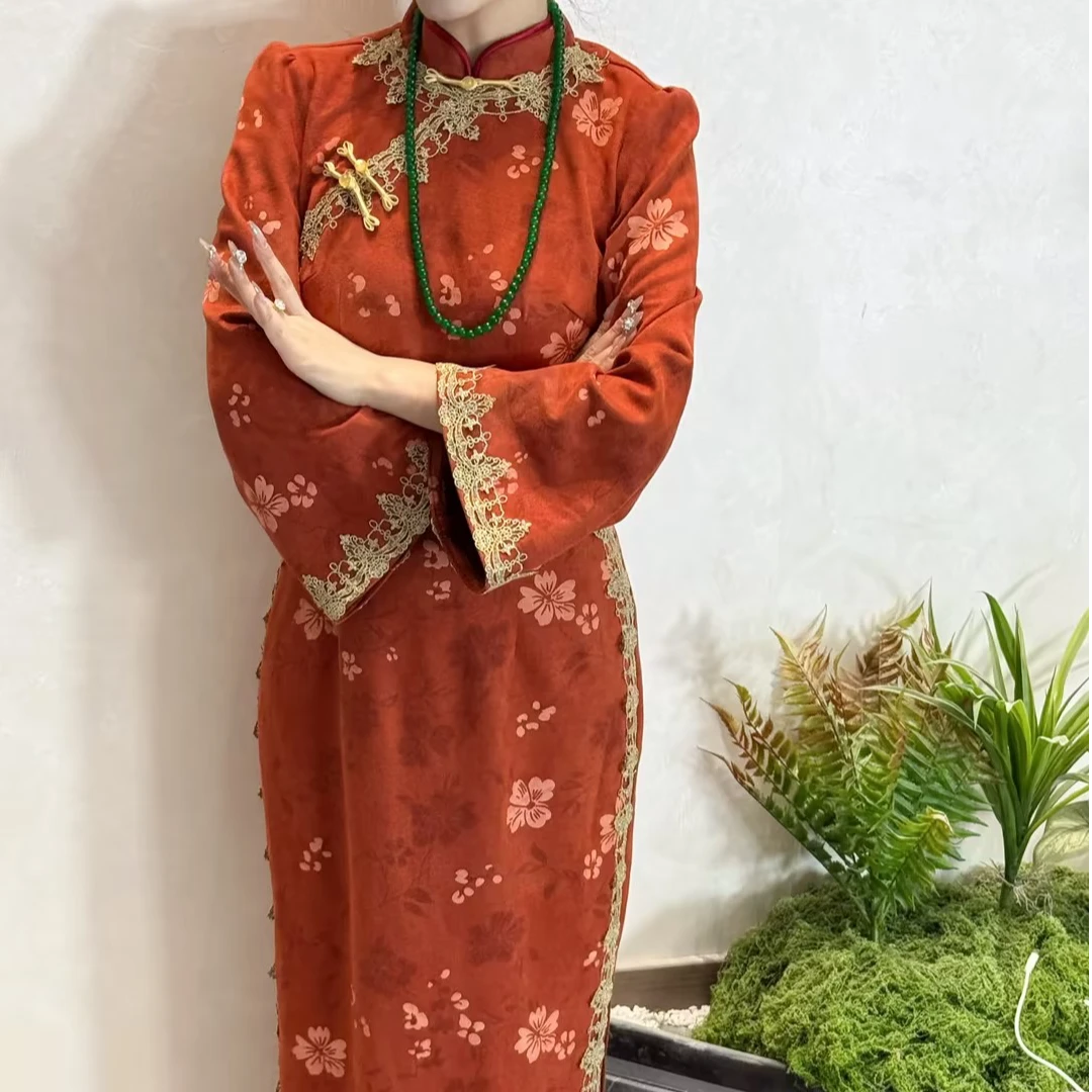 LHMknk1画报夫人原创自制秋冬麂皮绒珠链蕾丝秋季旗袍 橘红太太