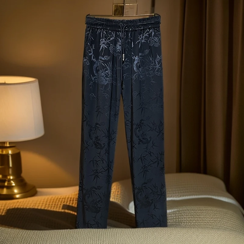 男士新款百搭休闲直筒黑色提花刺绣男裤长裤松紧腰