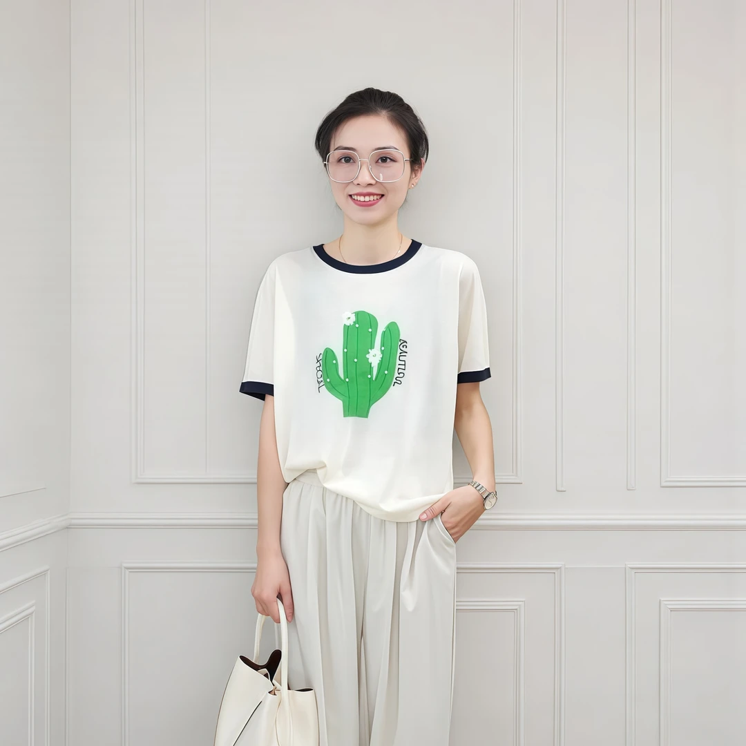 2025夏季新款时尚提花刺绣钉珠T恤女百搭显瘦透气仙人掌上衣