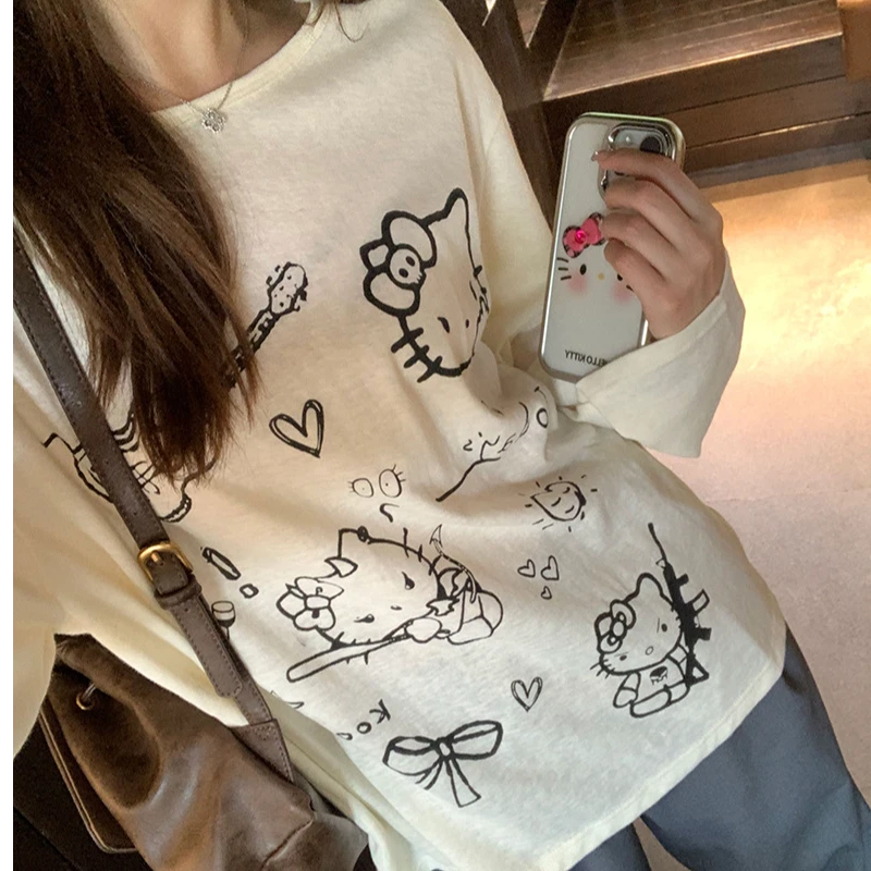 大码薄款上衣日系甜美卡通可爱印花长袖上衣夏季新款T恤宽松