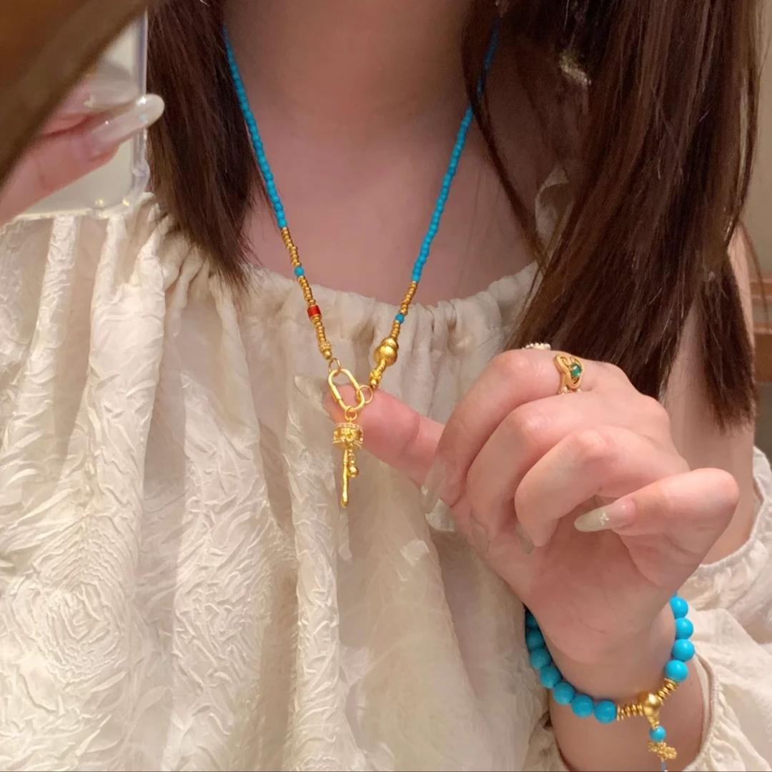 铜合金树脂项链 复古新中式珠串葫芦筒拨浪鼓锁骨毛衣链