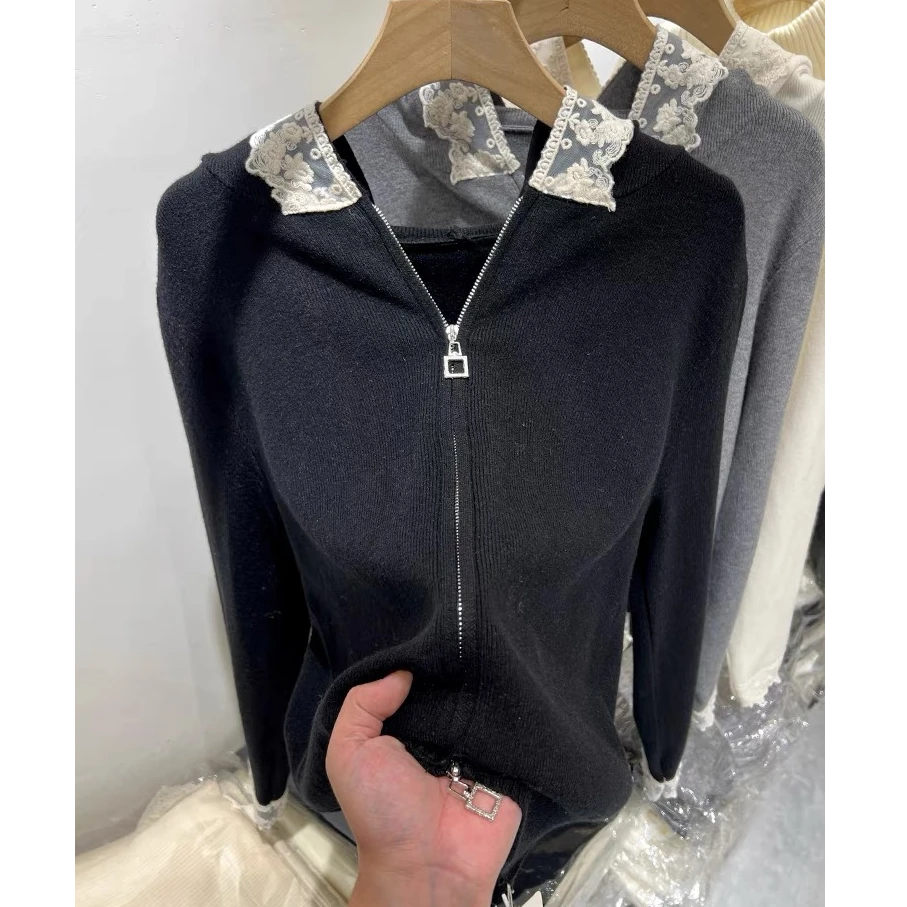 贝姐同款【打底清仓款】法式连帽双拉链蕾丝长袖针织休闲上衣7353