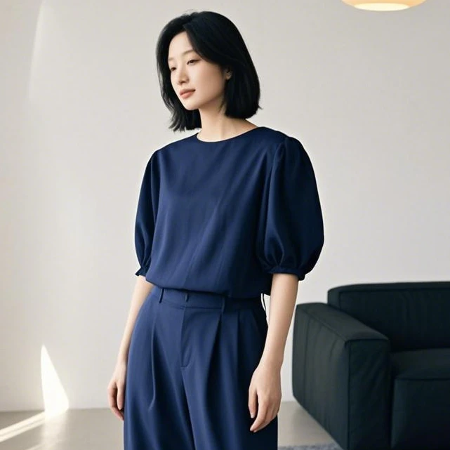 灯笼袖休闲小衫2025夏季小众设计感圆领衬衫女