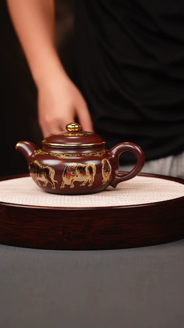 茶壶紫砂石红珐琅彩五牛仿古