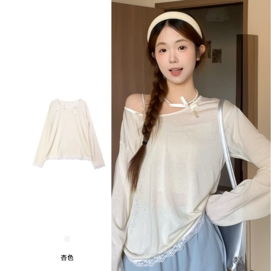 蝴蝶结长袖杏色防晒T恤女夏季新款设计感小众薄款罩衫蕾丝边上衣