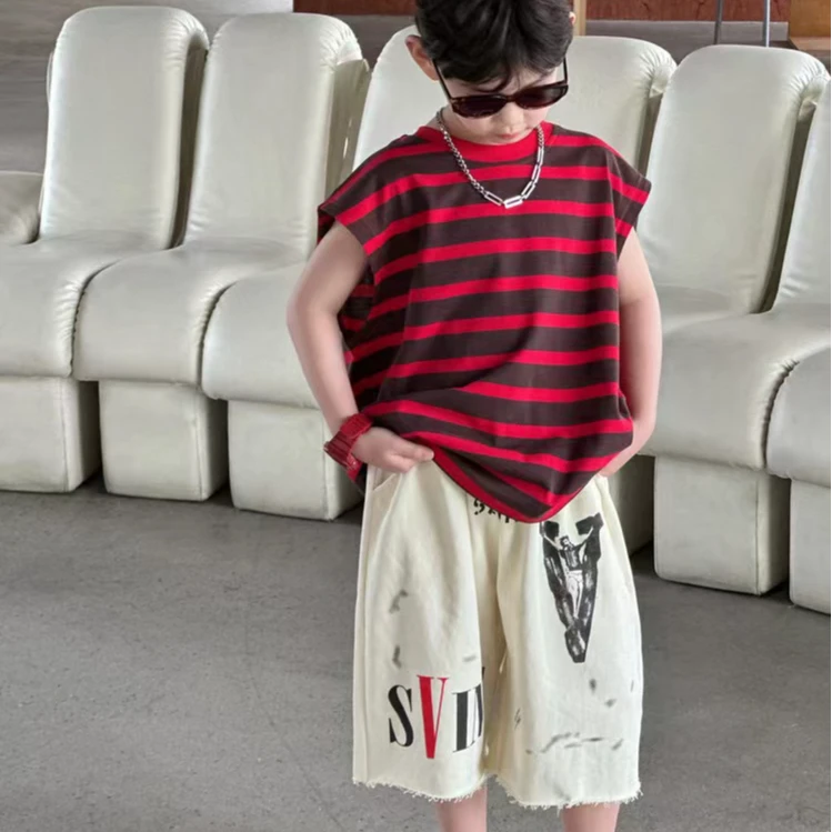 A7969 HY25150夏季潮童条纹经典无袖短袖T