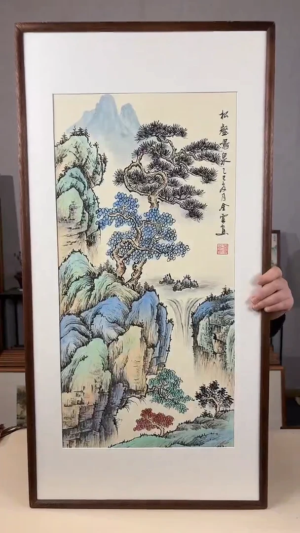 国画手绘*松鹤鸣泉*47*92cm带框发货