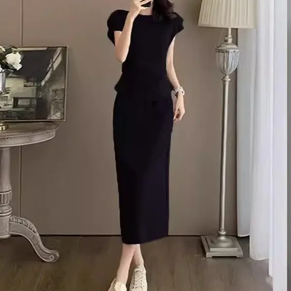2025春夏时尚套装黑色修身包臀轻熟风洋气长裙短袖显瘦套装女神