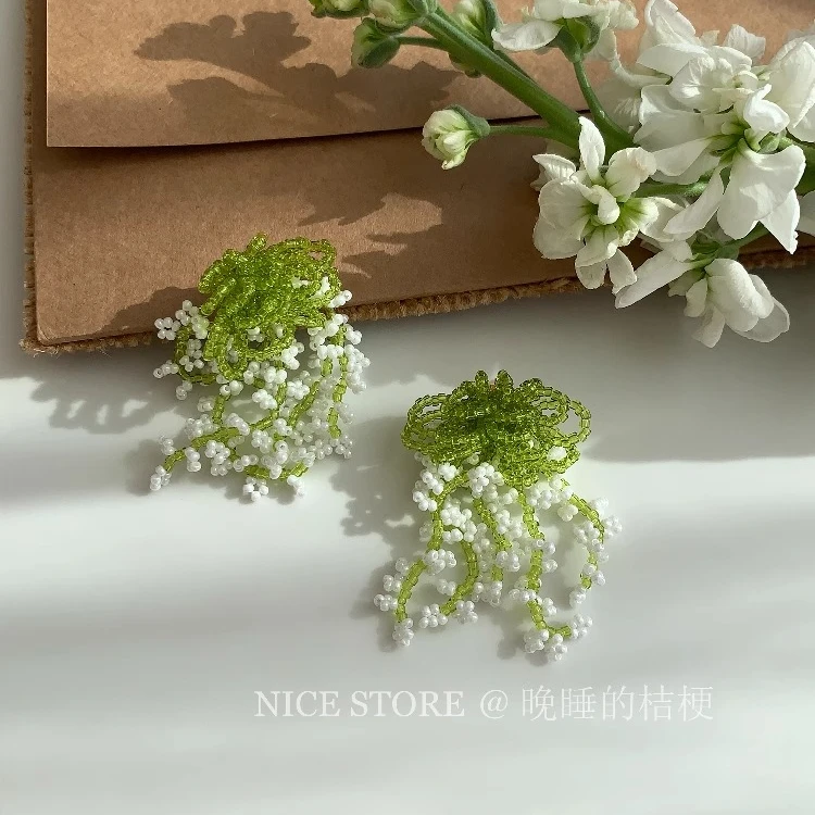 合金耳饰 晚睡的桔梗「茉莉丛」田园风车茉莉串珠耳环流苏森系耳饰