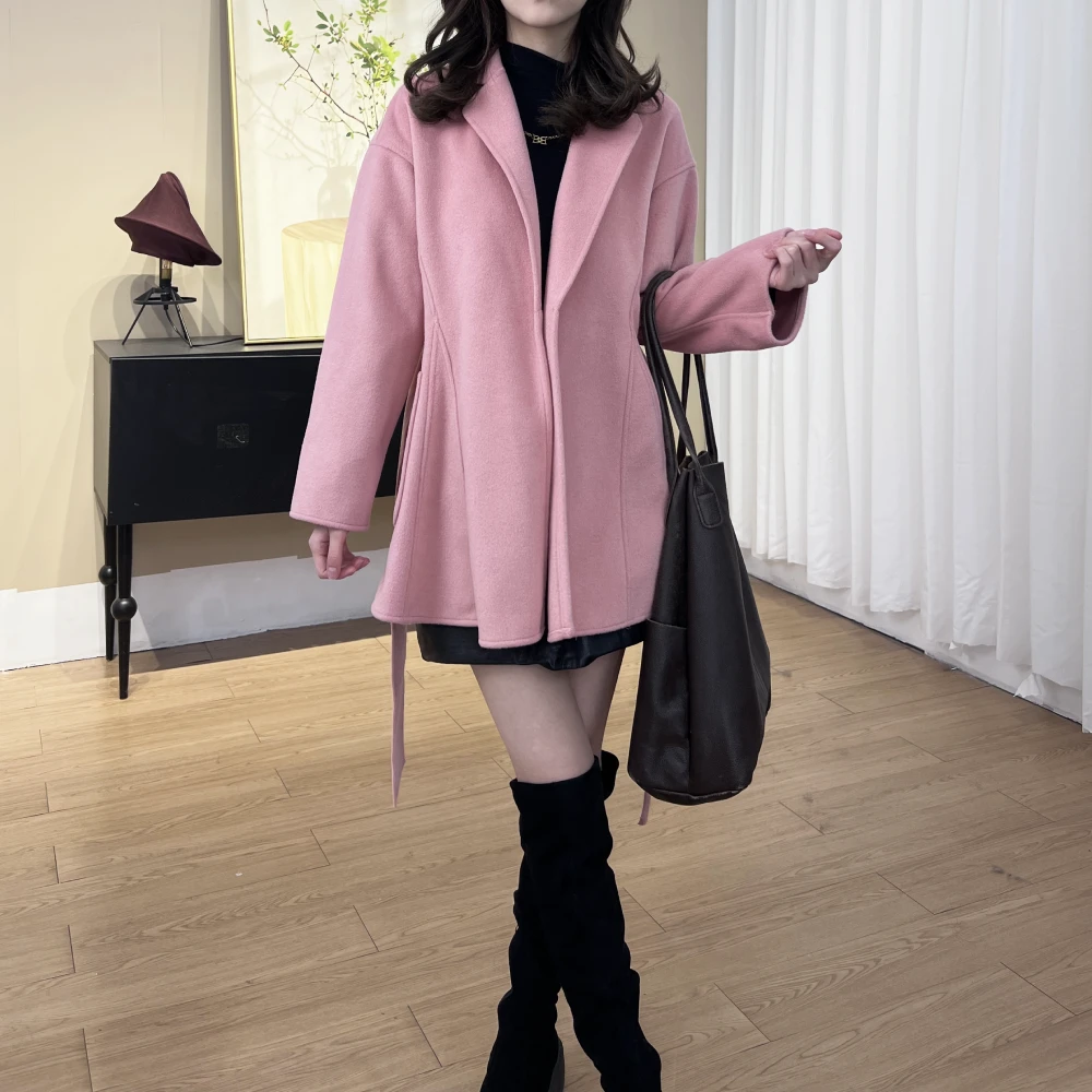 【心念】2025新款双面绒大衣短款款韩版宽松口袋毛呢外套赫本风潮