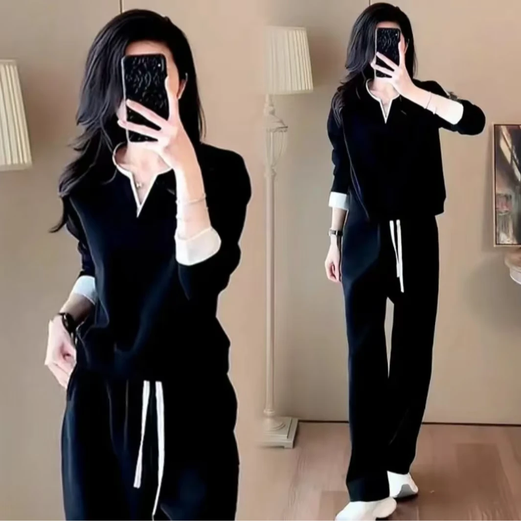 5188休闲风运动套装女2025秋季新款韩版V领宽松卫衣时尚两件套