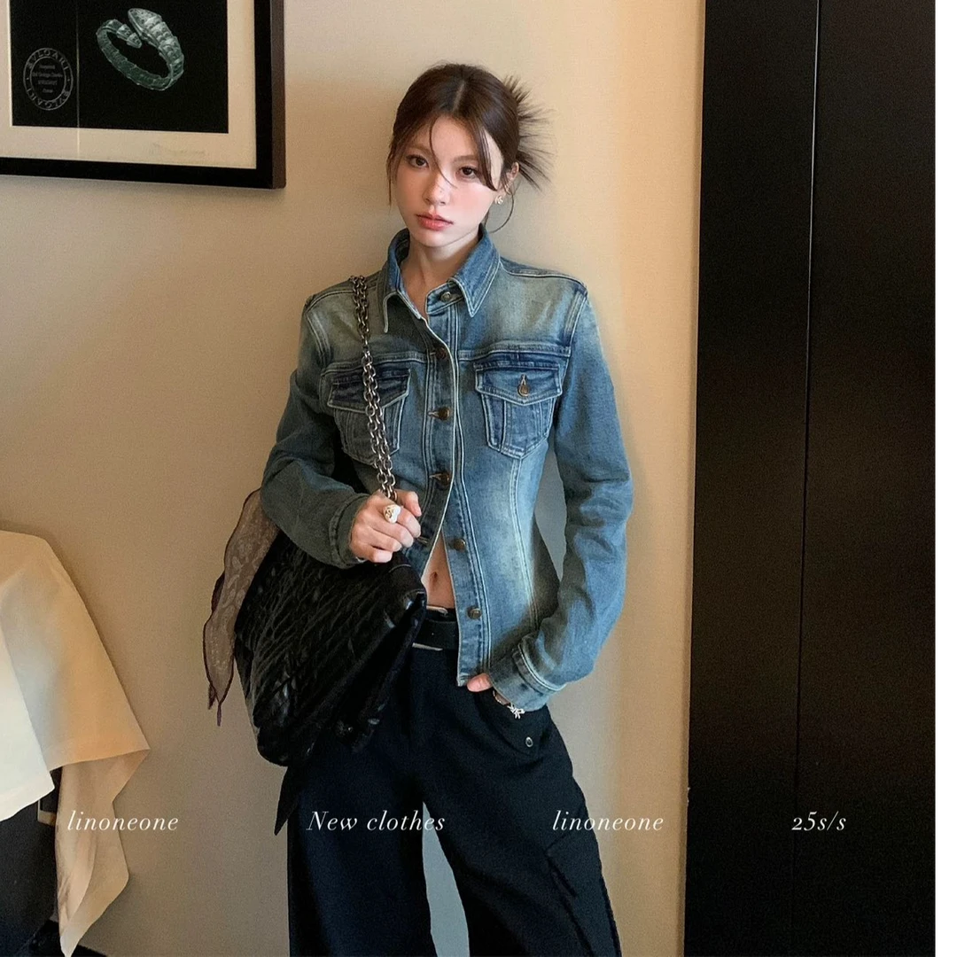 美式复古辣妹牛仔外套女秋季新款宽松显瘦翻领夹克设计感百搭上衣