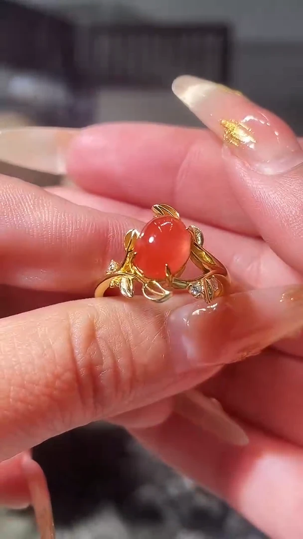 银S925镀金镶嵌南红玛瑙戒指【保山冰红】