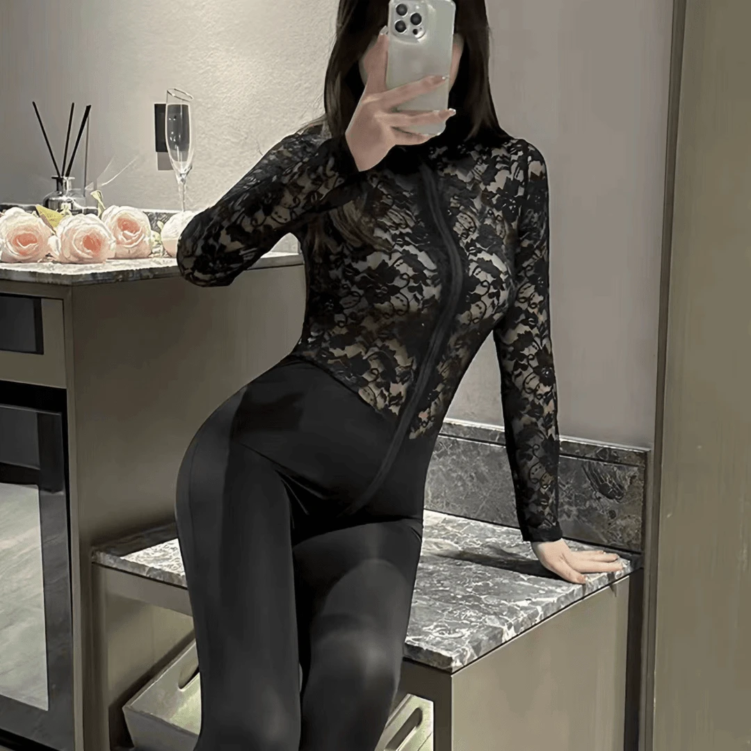 紧身包臀蕾丝显瘦连体衣弹力性感双拉链COSPLAY制服睡衣瑜伽修身