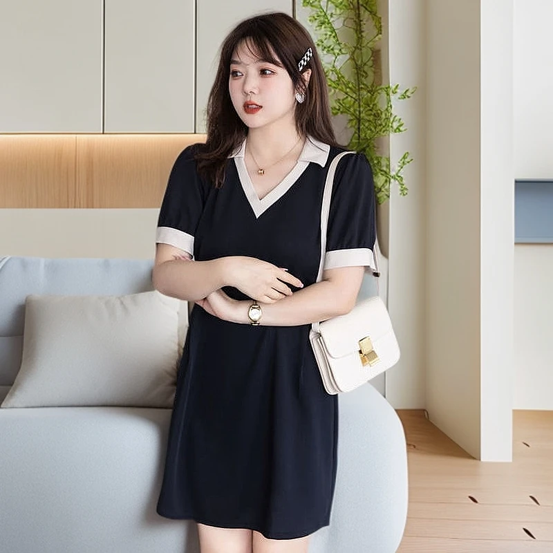 夏季新款大码女装韩版不褪色V领拼接遮肉显瘦大码连衣裙中长裙