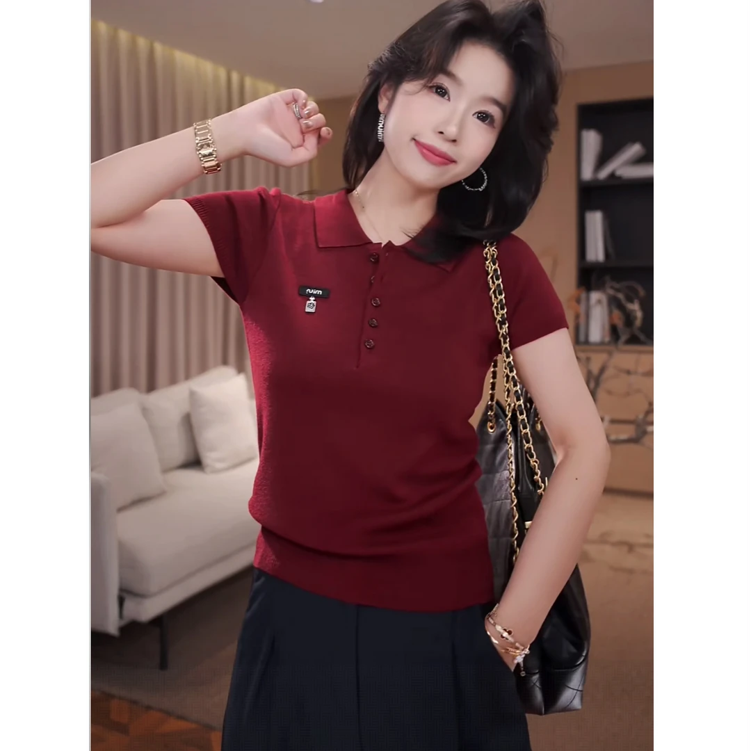 广州琴姐【淡颜天菜】香水瓶小吊坠短袖针织T恤Polo衫女士秋季61532