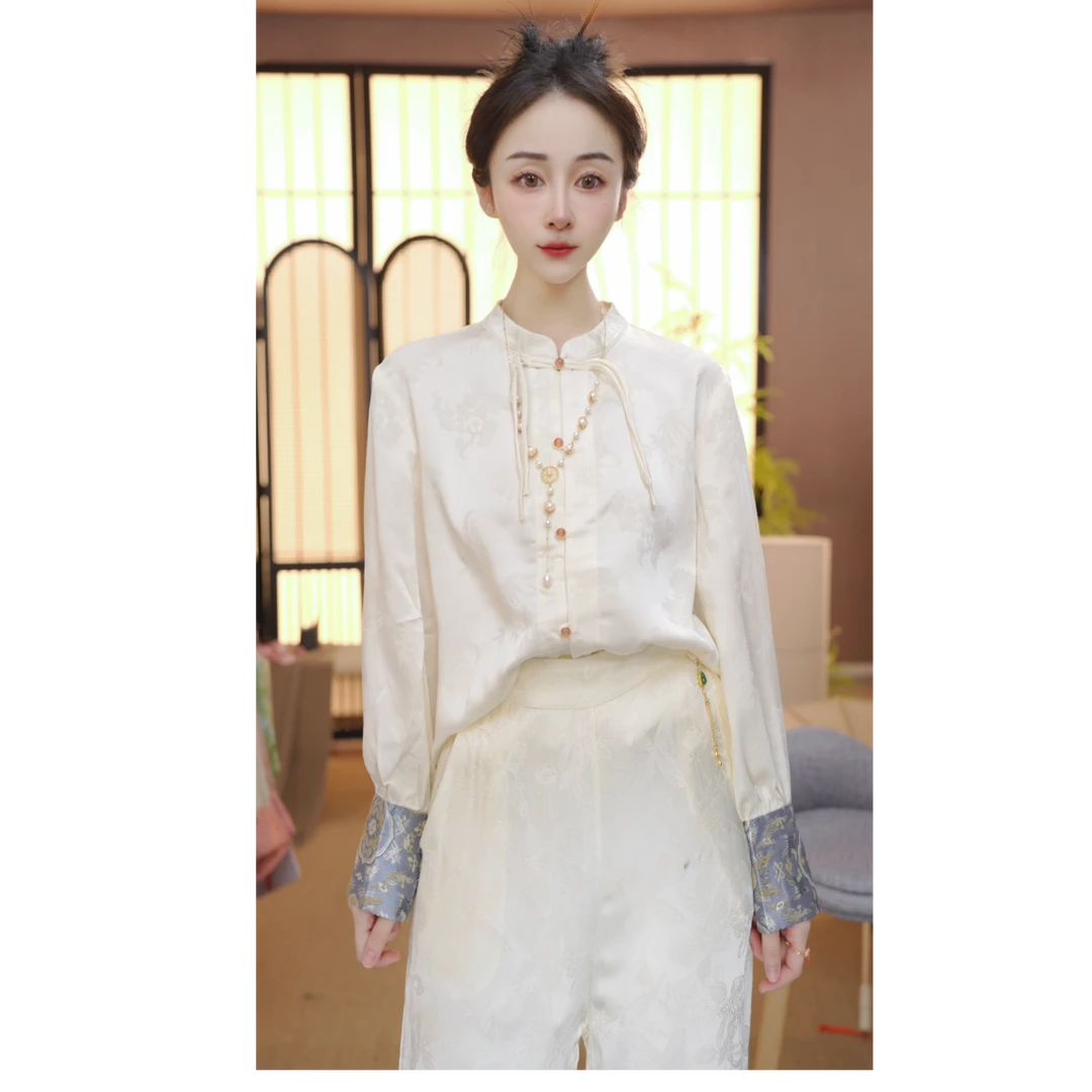 【碧空】2025新款白色提花衬衫立领长袖上衣FB24031001