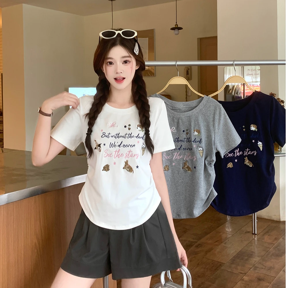 2025年大码胖妹妹女装夏基础款圆领正肩刺绣短袖T恤上衣3236