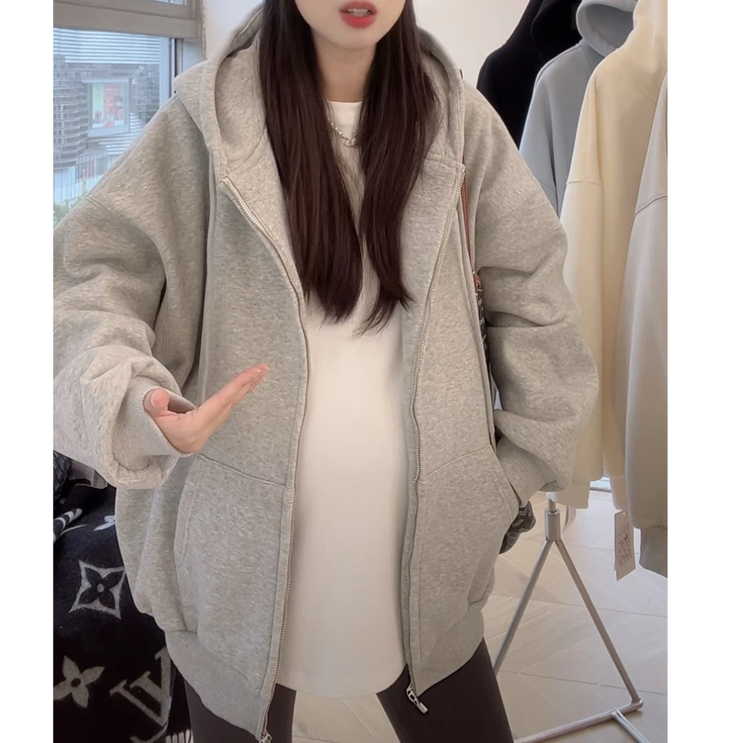 加绒连帽百搭卫衣外套女2025新款秋冬百搭高品质纯色休闲长袖上衣