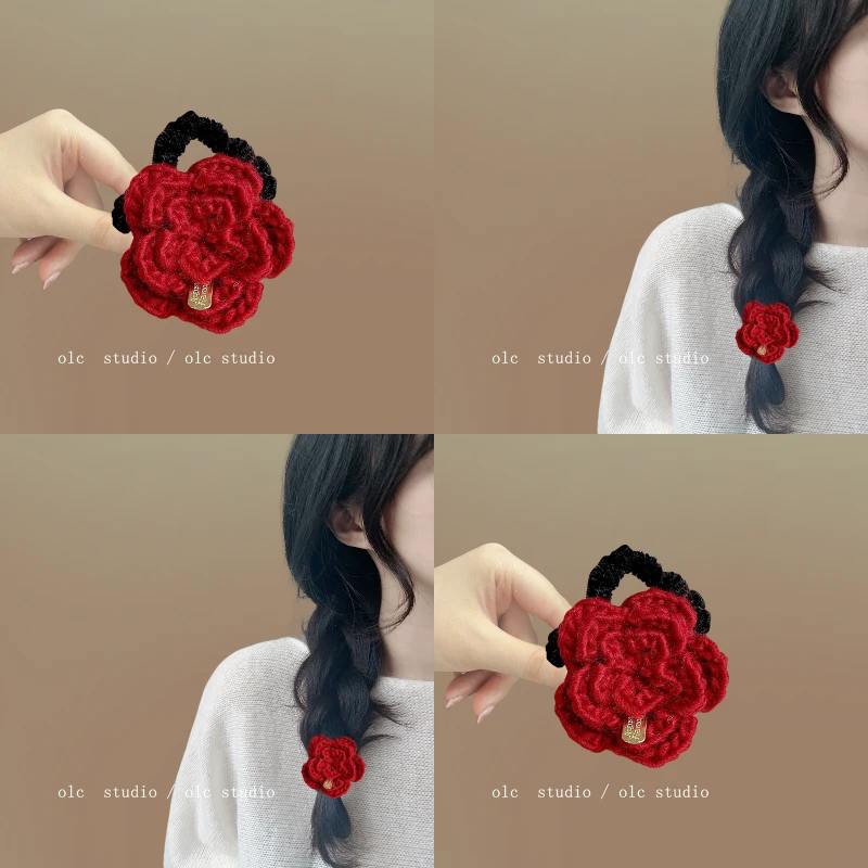 红色毛线扎头发发圈网红2025新款气质花朵头绳女生马尾发绳橡皮筋