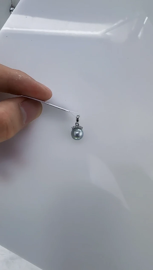 银S925镶嵌海水珍珠DA海水灰珠吊坠8-9 y555