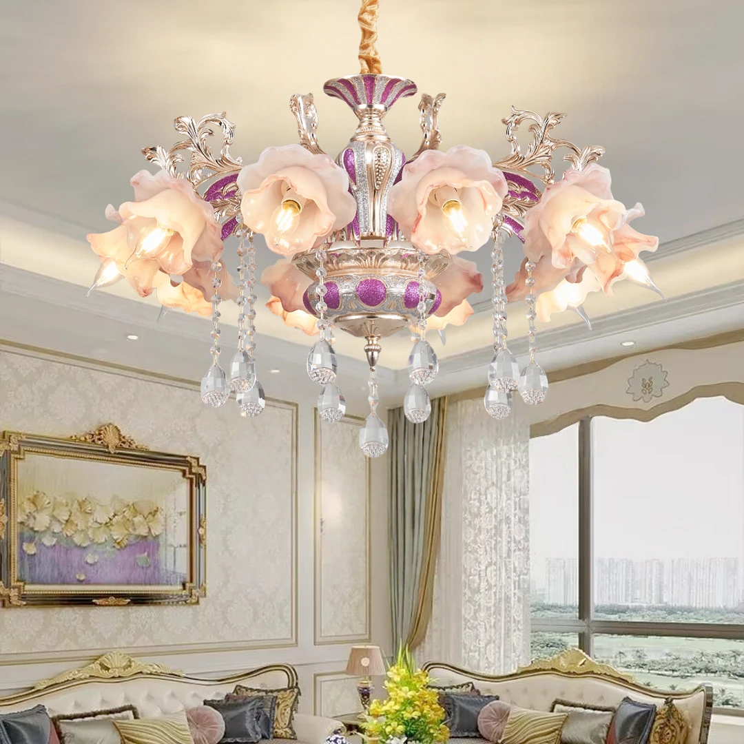 2025欧式客厅新款水晶吊灯餐厅吊灯法式紫色少女卧室简约朝下灯具