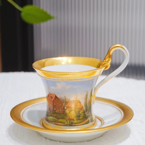 无品牌德国KPM手绘观景杯碟天鹅颈咖啡杯欧式描金轻奢高档金边