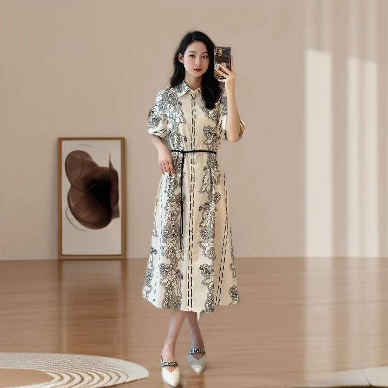 GXO 2025夏季新款国风牡丹印花衬衫连衣裙LYQ0227