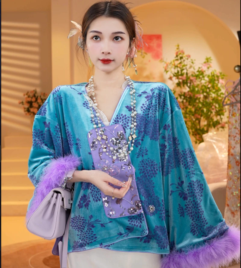 沁紫花海/鸵鸟毛新中式马甲国风女装精美上衣外套2025c6573-小源