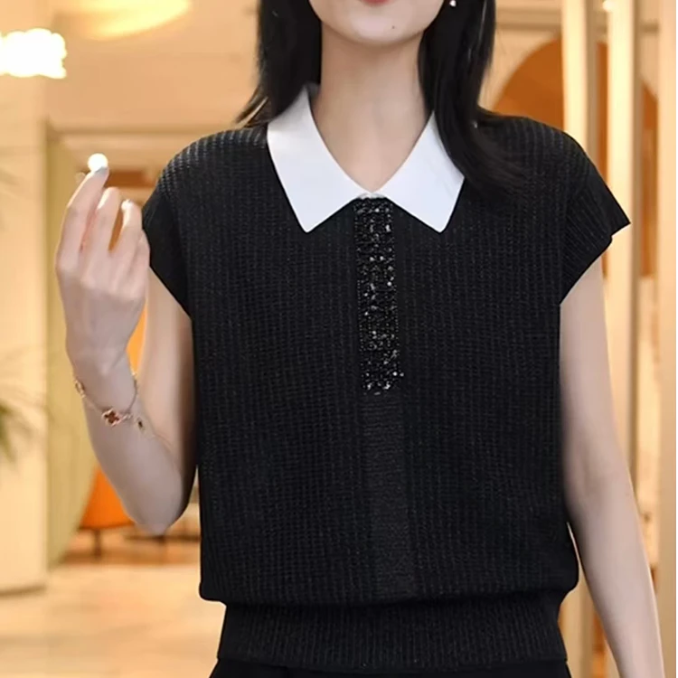 假两件翻领黑色冰丝针织衫女夏季短袖t恤新款高级感气质薄款上衣