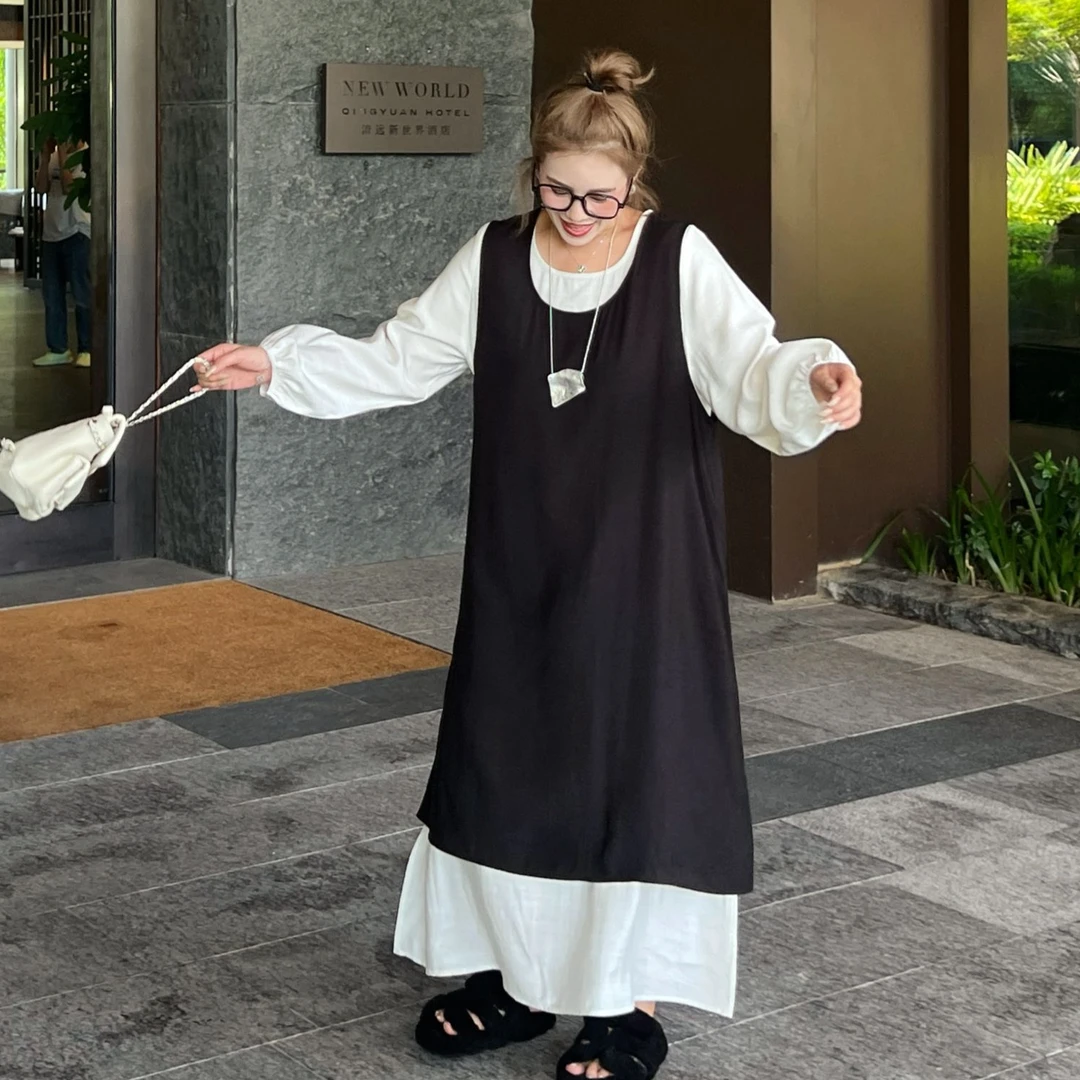 媛子大码洋气撞色时尚套装背心裙+简约打底裙秋季新款时尚两件套