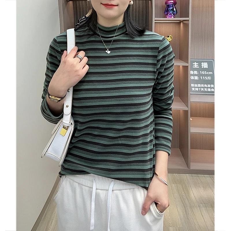 秋冬新款澳绒半高领打底衫女加绒大码条纹长袖t恤女上衣