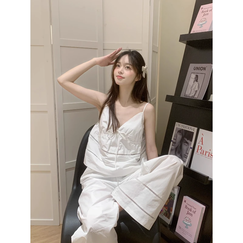 纯欲少女小众设计感睡衣女夏季新款纯色辣妹长裤家居服两件套外穿