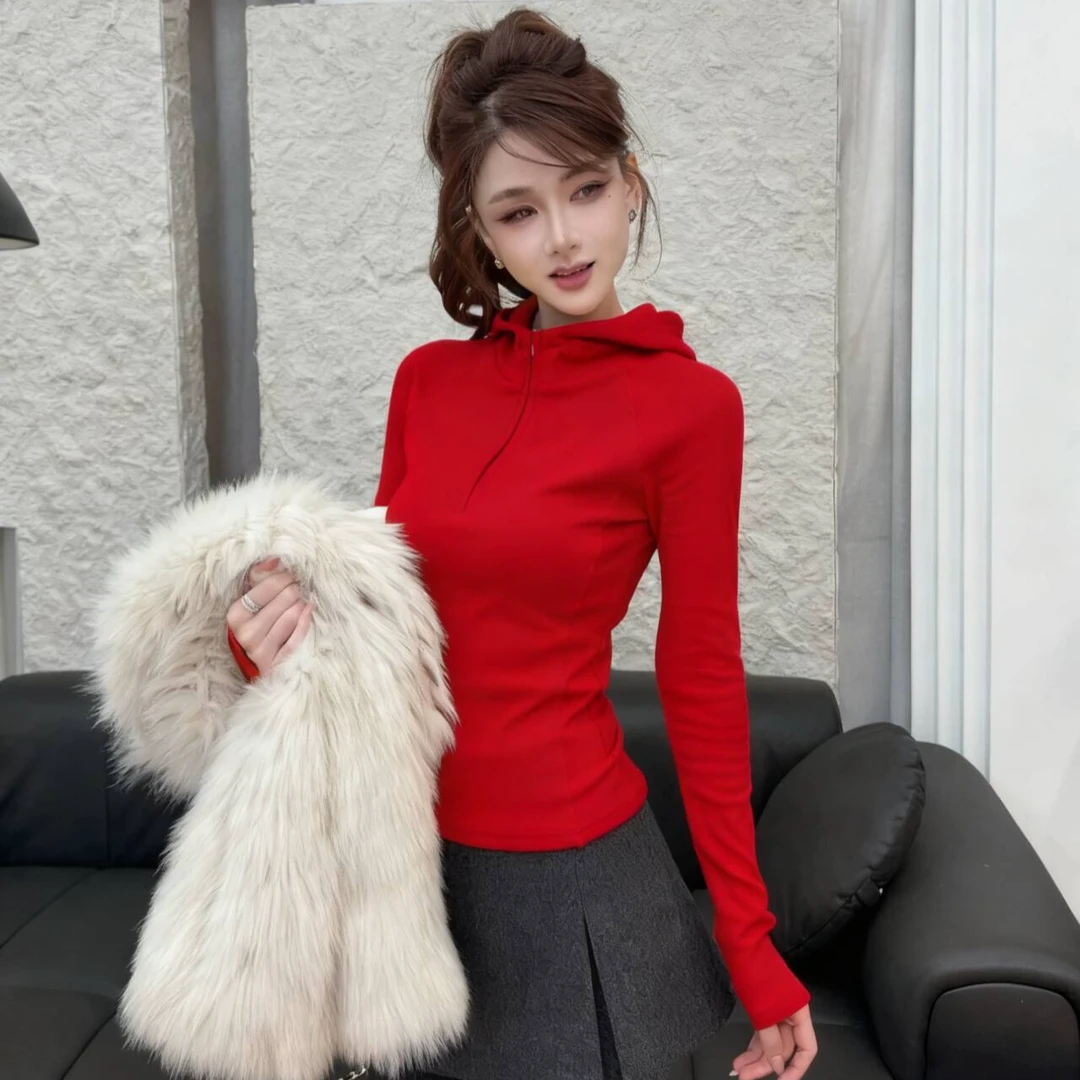 【新年限定】韩版红色半拉链加绒连帽衫女秋冬洋气内搭修身显瘦打底