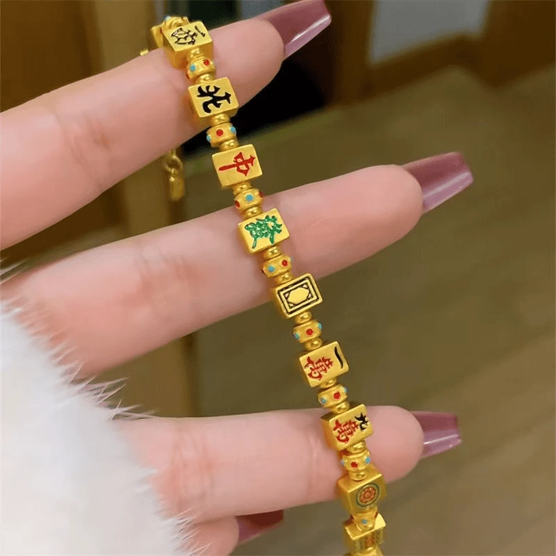足银手链 纯银手链古法珐琅彩麻将金色手链女轻奢百搭十三幺手串