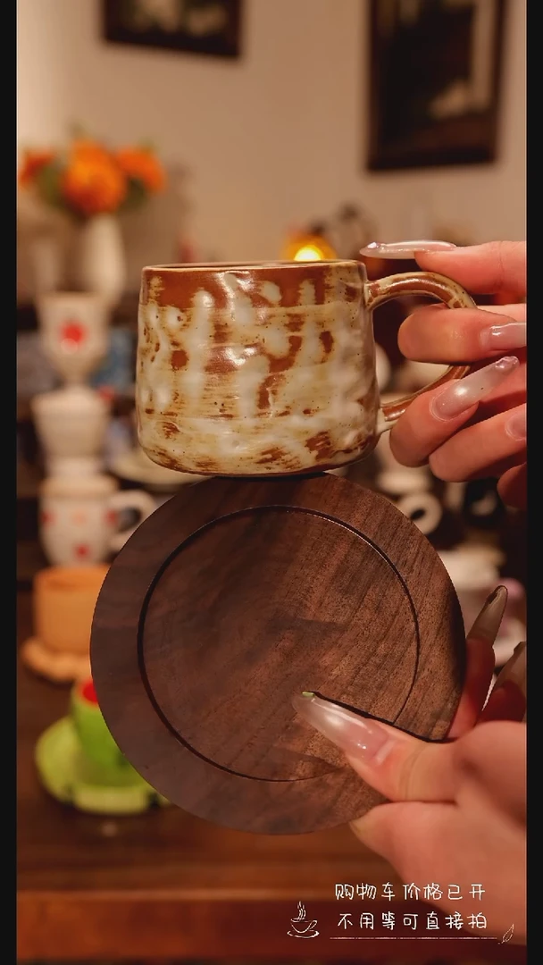 陶瓷便携款粗陶手作杯碟   手绘釉下彩