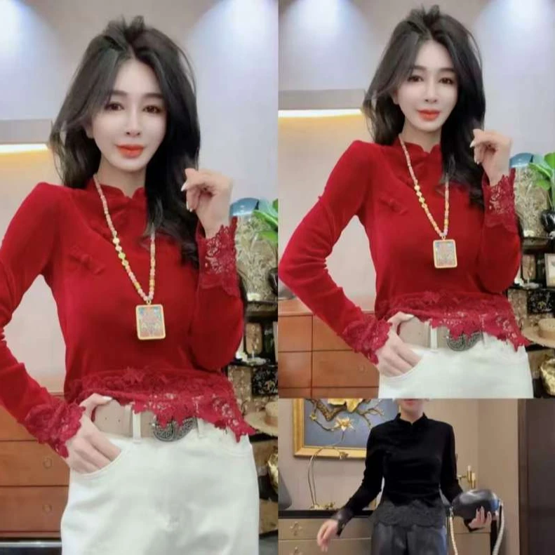 欧货2026新中式盘扣立领蕾丝拼接丝绒长袖T恤女修身小众国风上衣