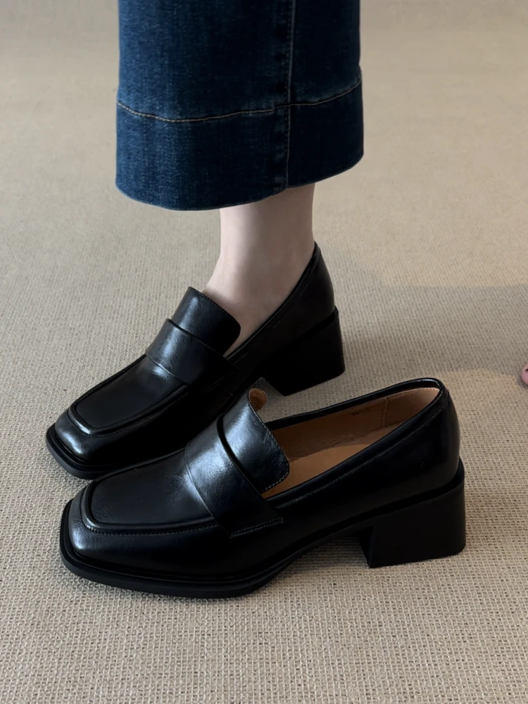 粗跟厚底秋季单鞋高跟乐福鞋英伦风皮鞋方头一脚蹬ED2068