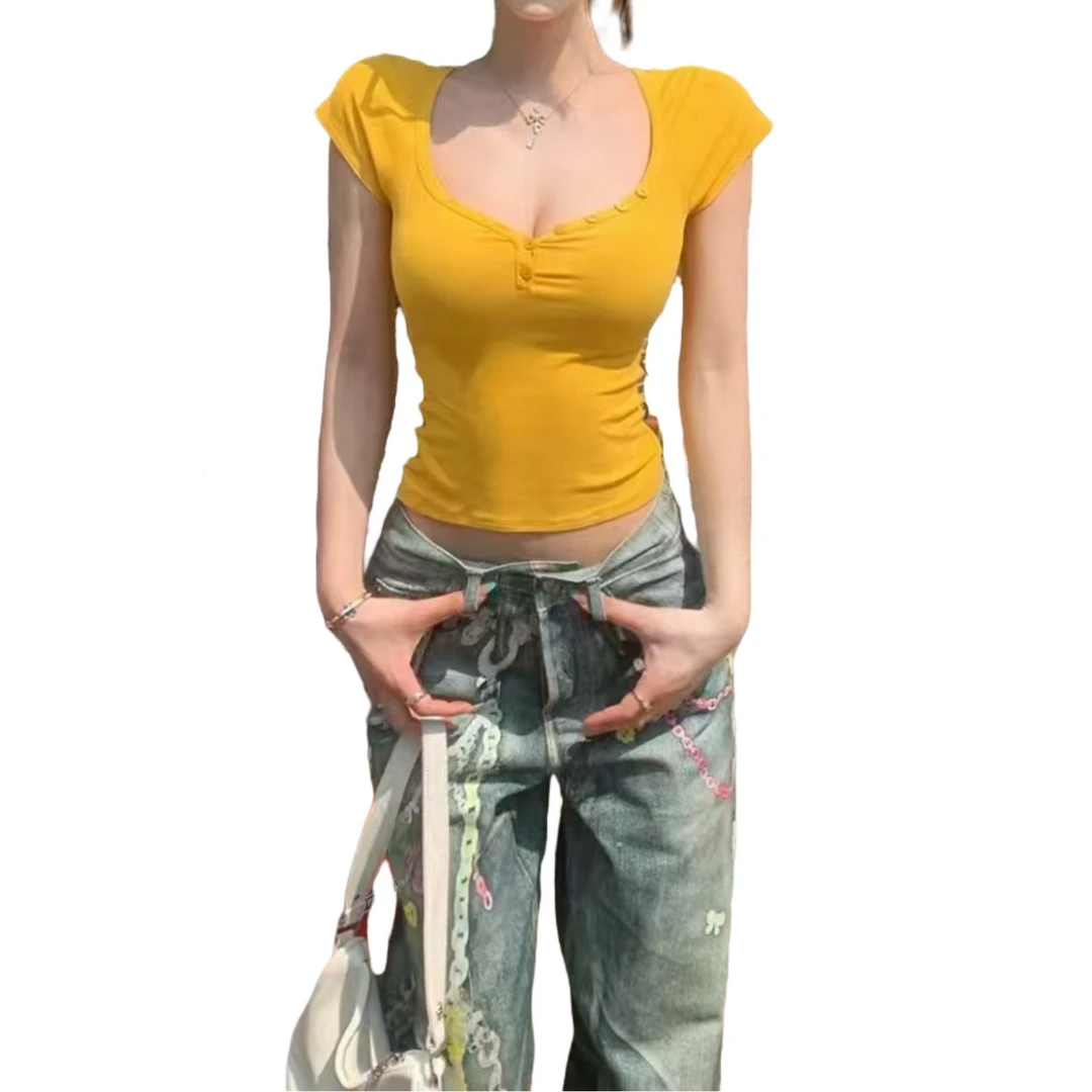 午餐肉【纯欲少女】 黄色V领短袖T恤女设计感紧身内搭外穿短上衣