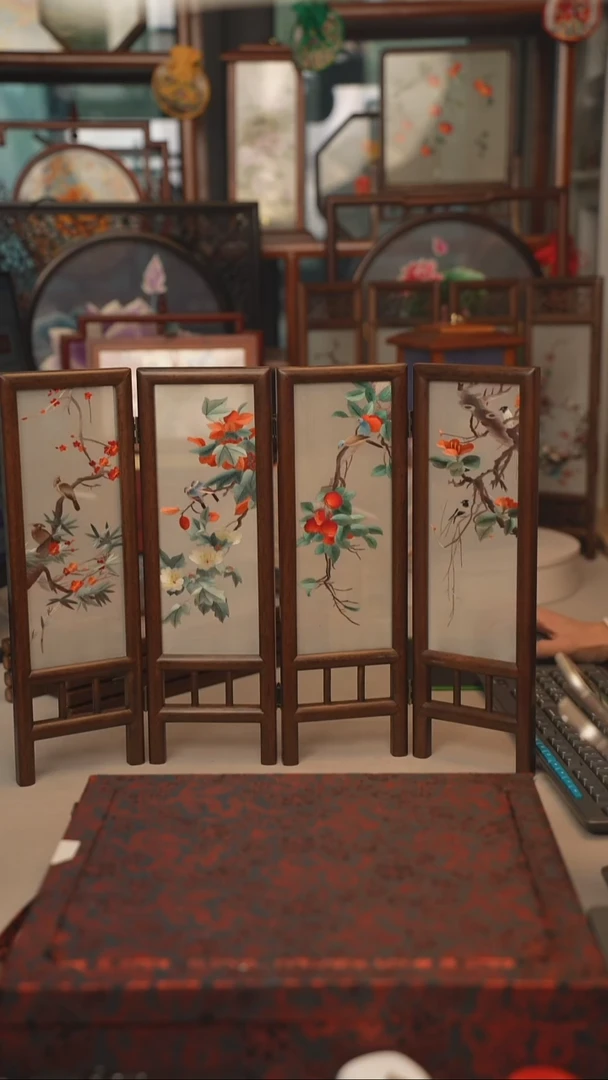 扇子胡桃木四联屏风 高度35CM 宽度45CM