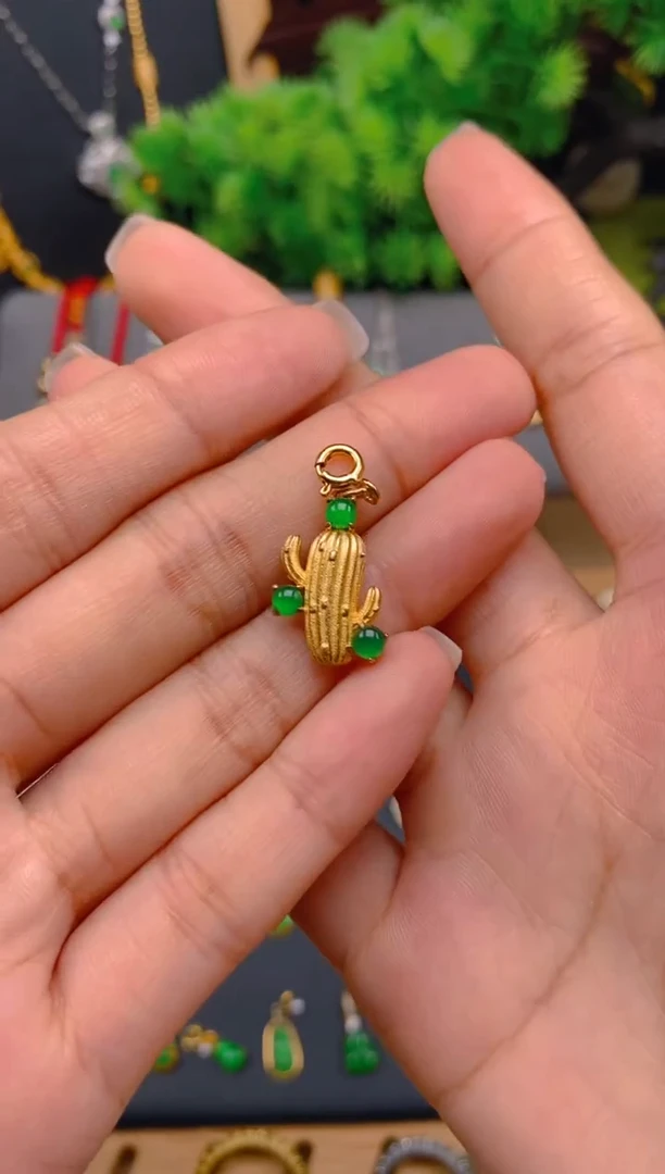 吊坠(不含链)银S925镶嵌翡翠仙人掌