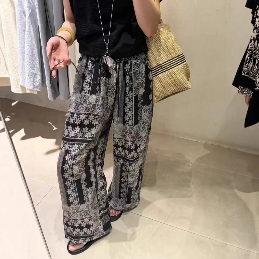 复古印花休闲裤女夏季新款松紧腰显瘦气质时髦洋气百搭直筒阔腿裤