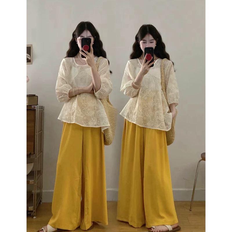 大码高级感刺绣上衣宽松阔腿裤2025夏季新款女夏遮肉显瘦洋气穿搭