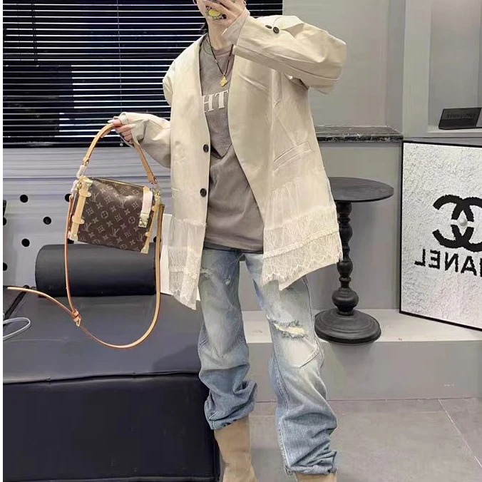 D617春季新款拼接蕾丝网纱外套V领宽松西装外套